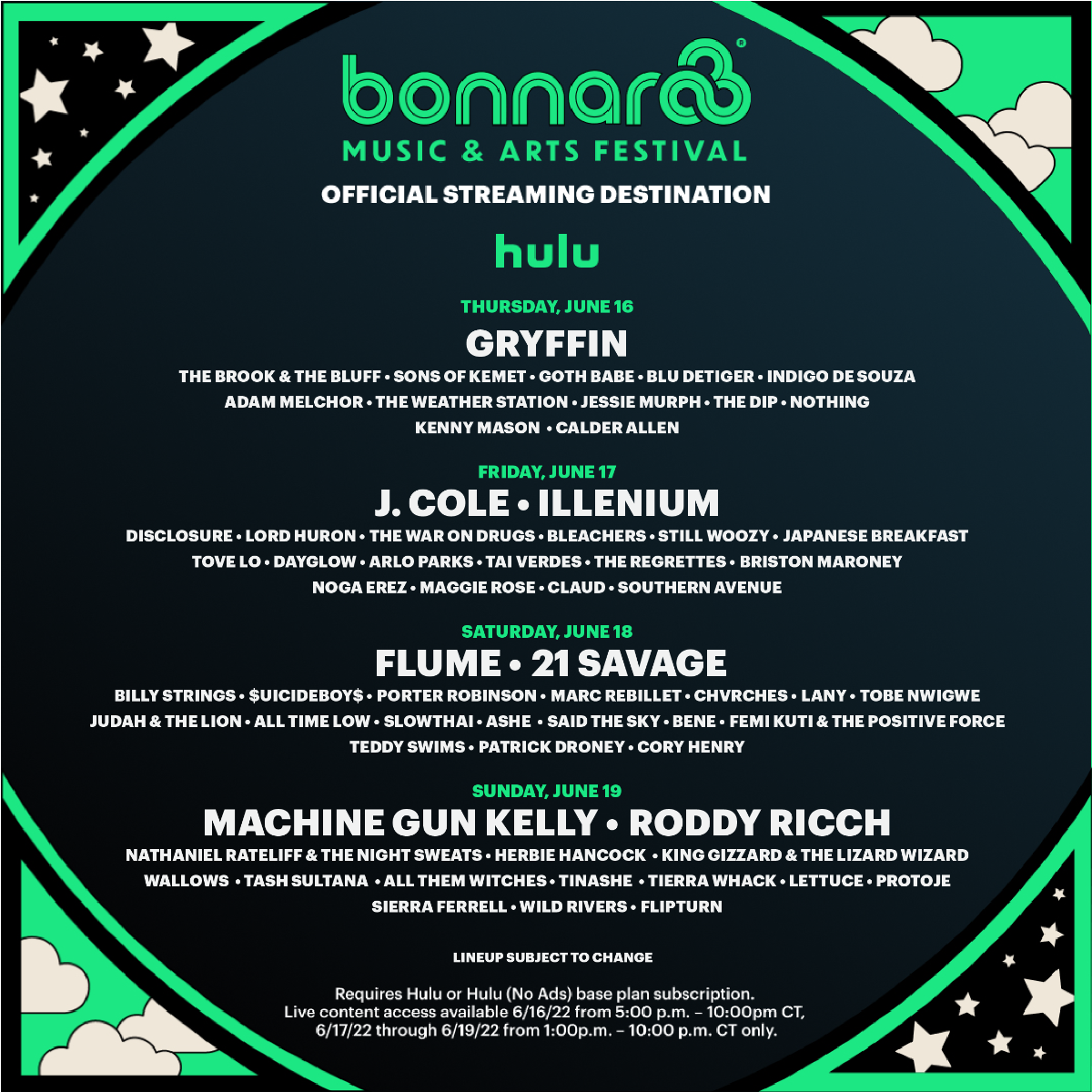 Bonnaroo Announces Hulu Livestream Lineup: J. Cole, Flume, Illenium, 21 Savage, Billy Strings and More
