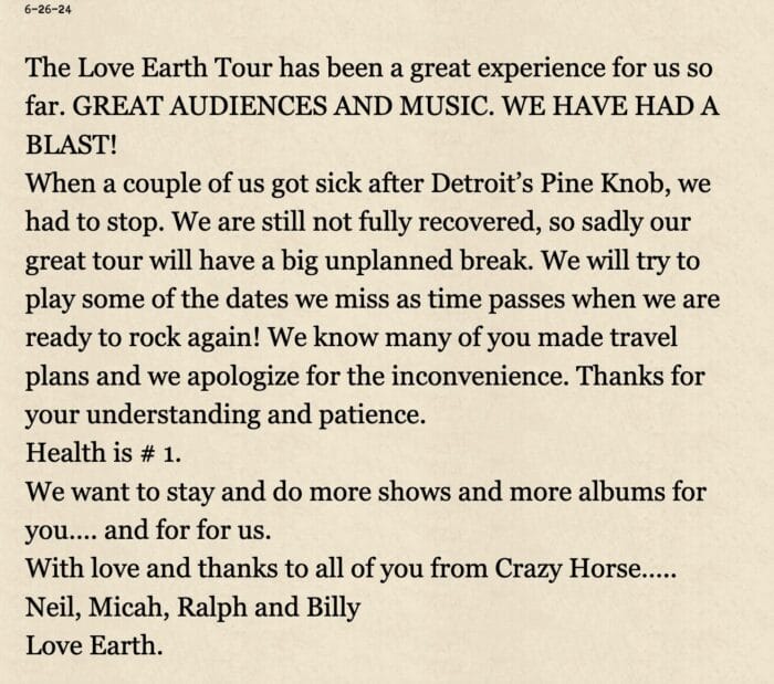 Neil Young and Crazy Horse Announce “Big Unplanned Break” From Remaining Love Earth Tour