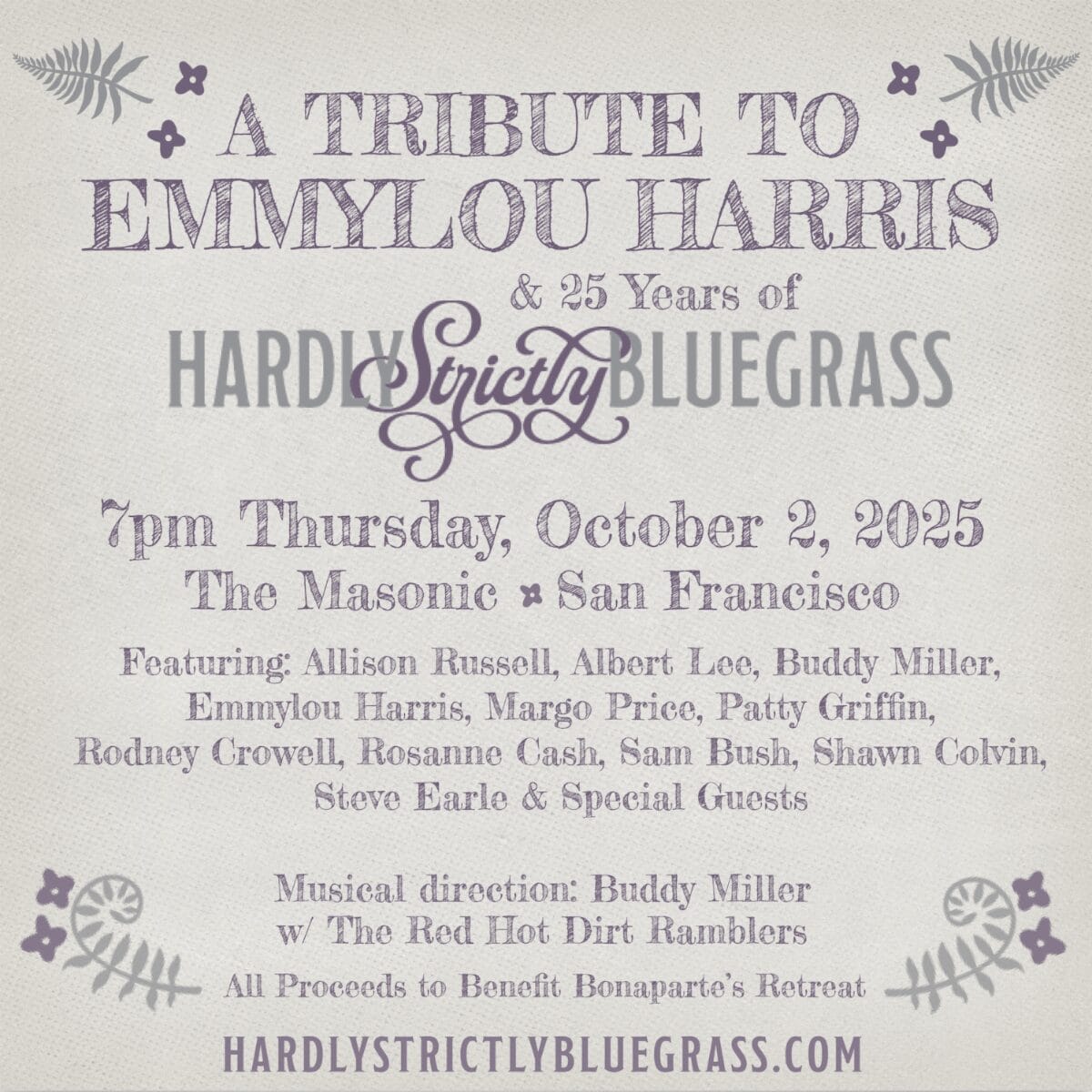 Hardly Strictly Bluegrass to Celebrate 25 Years and Emmylou Harris with Benefit Concert Featuring Allison Russell, Margo Price, Rosanne Cash, Sam Bush and More Hardly Strictly Bluegrass to Celebrate 25 Years and Emmylou Harris with Benefit Concert Featuring Allison Russell, Margo Price, Rosanne Cash, Sam Bush and More