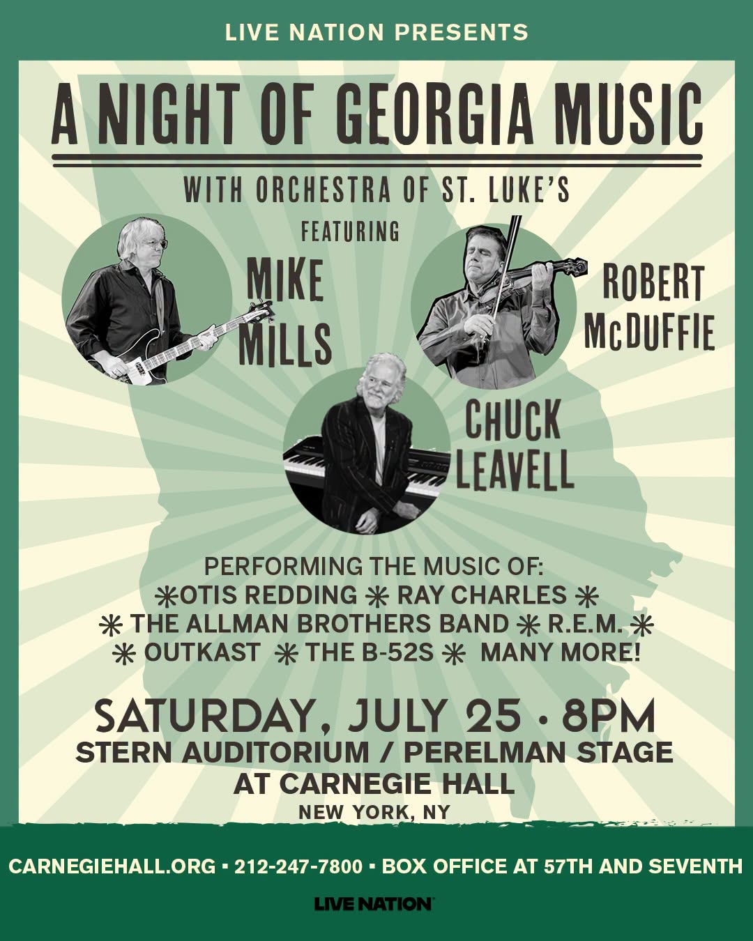 Mike Mills, Chuck Leavell and Robert McDuffie to Celebrate Georgia Music with Orchestral Covers of the Allman Brothers Band, R.E.M. and Otis Redding at Carnegie Hall