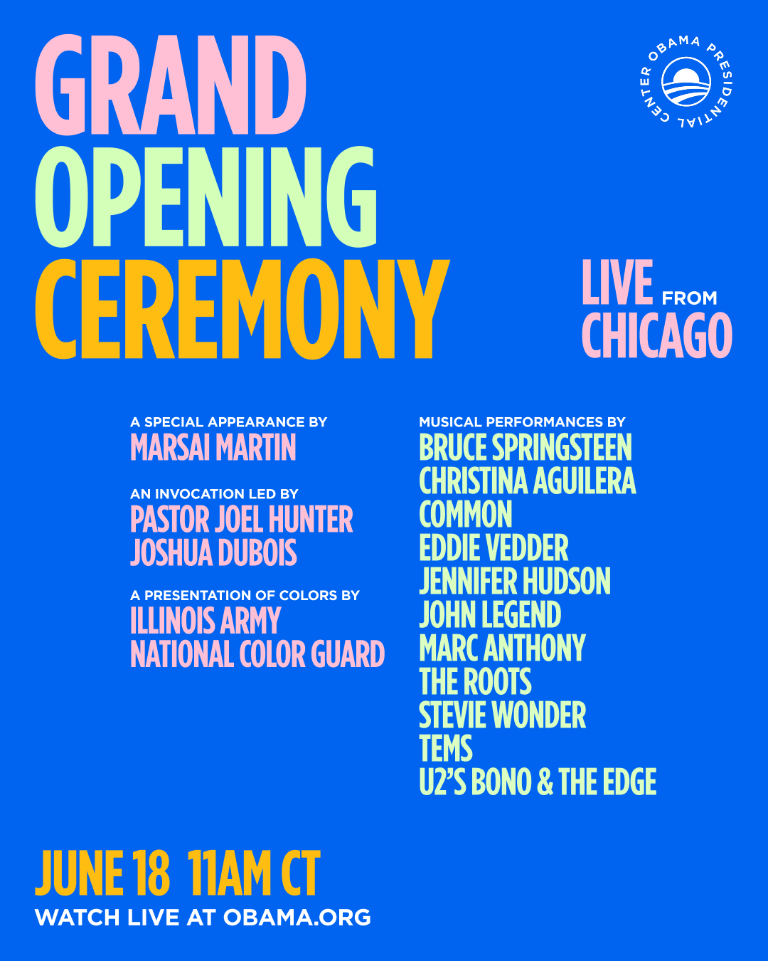 Bruce Springsteen, Bono and The Edge, Stevie Wonder, The Roots and Eddie Vedder to Perform at Opening of Obama Presidential Library