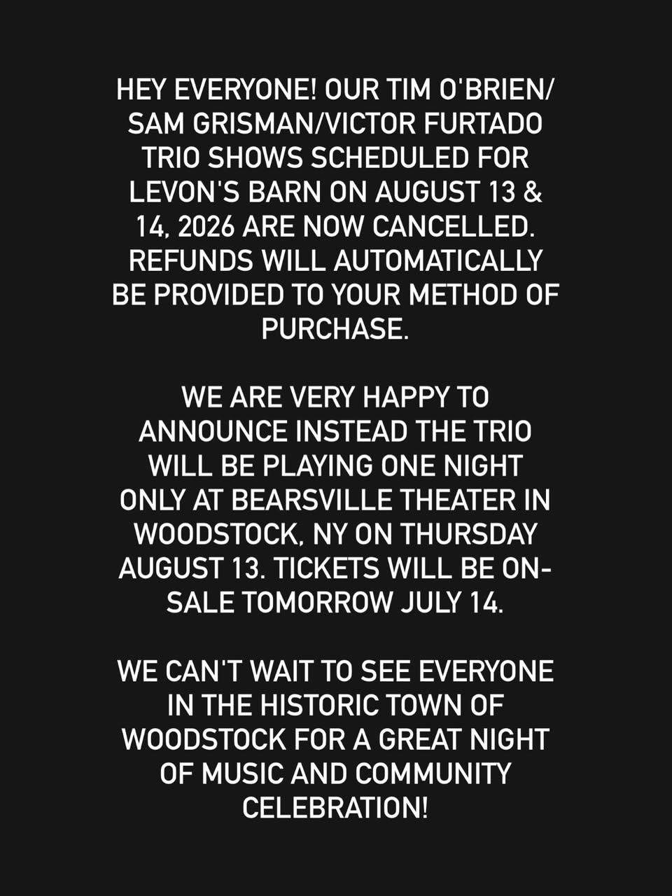 The Tim O’Brien/Sam Grisman/Victor Furtado Trio Move Shows from Levon Helm Studios